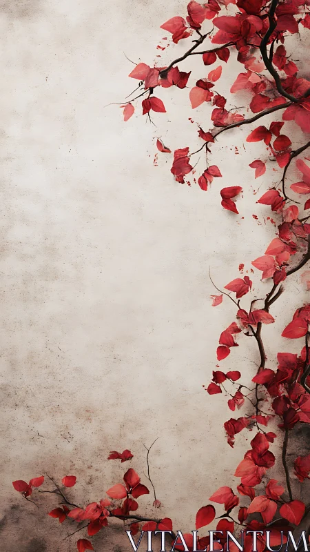 Red vine branches curve over textured minimal backdrop