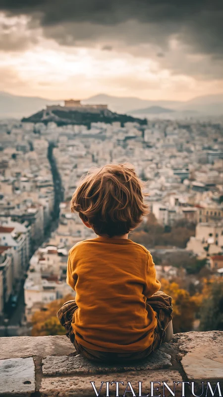 Small dreamer gazes over ancient city crowned by Acropolis.