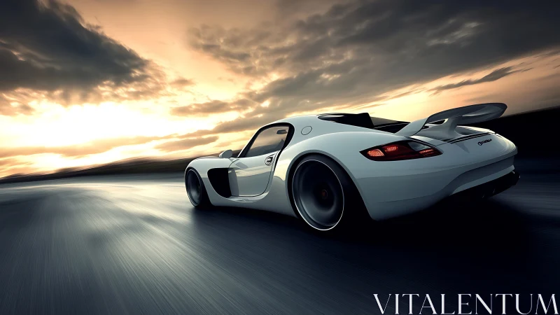 White supercar powers along coastal highway at dusk