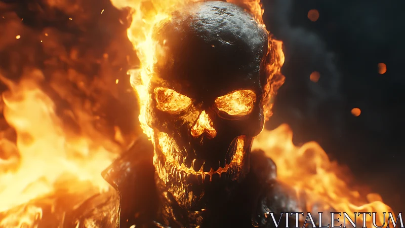 Burning skull rendered with high contrast lighting and flames