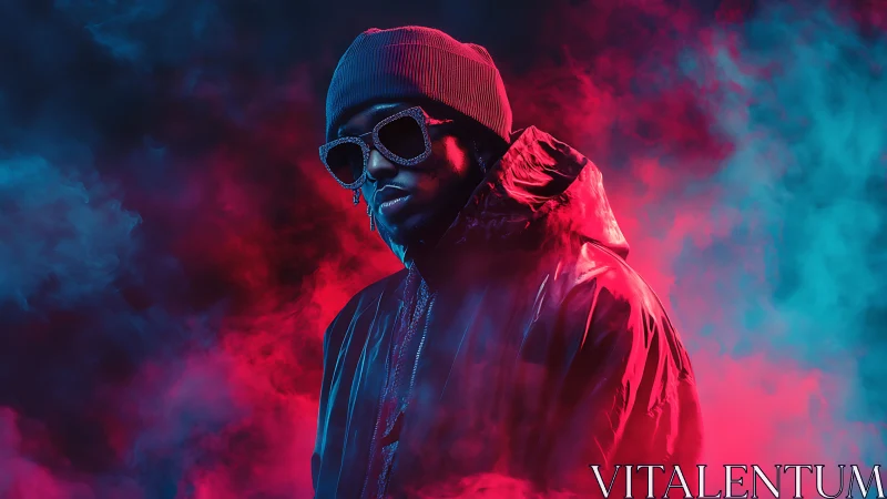 Bicolor rim-lit portrait isolates hooded subject in dense neon fog