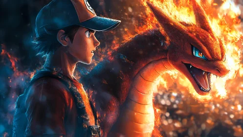 Flamebound trainer and dragon blaze through molten twilight.