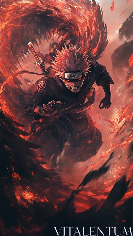 Fiery ninja hero racing through swirling red power.