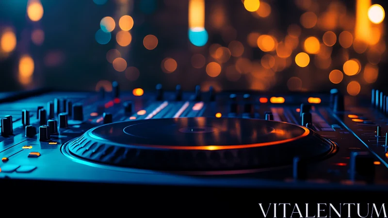 Glowing DJ turntable spins under vibrant club bokeh lights