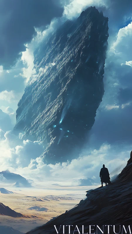 Lone wanderer studies colossal floating monolith in stormy sky