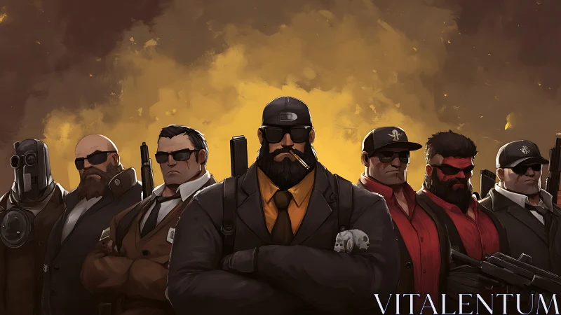 Cartoon gangster squad in suits under smoky yellow sky.