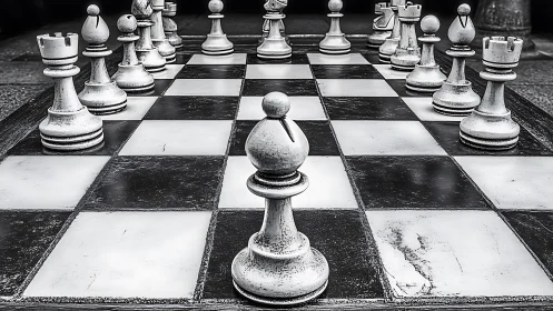 Large outdoor chessboard shows central white pawn in focus