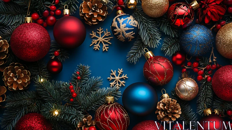 Christmas baubles and pine branches frame a blue festive background