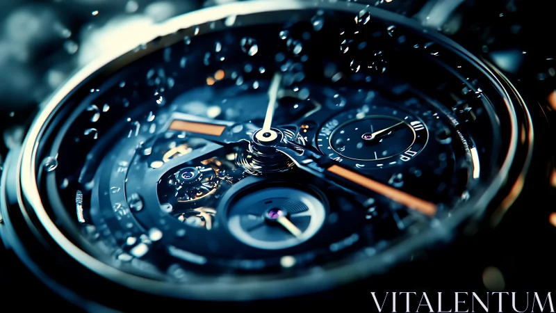 Immersed chronograph dial under cascading water droplets.