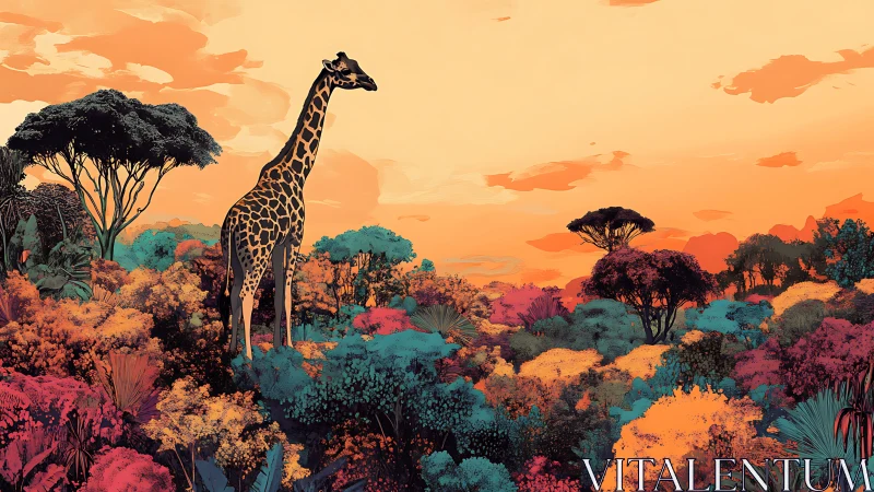 Digital painting of giraffe above chromatic savanna canopy.