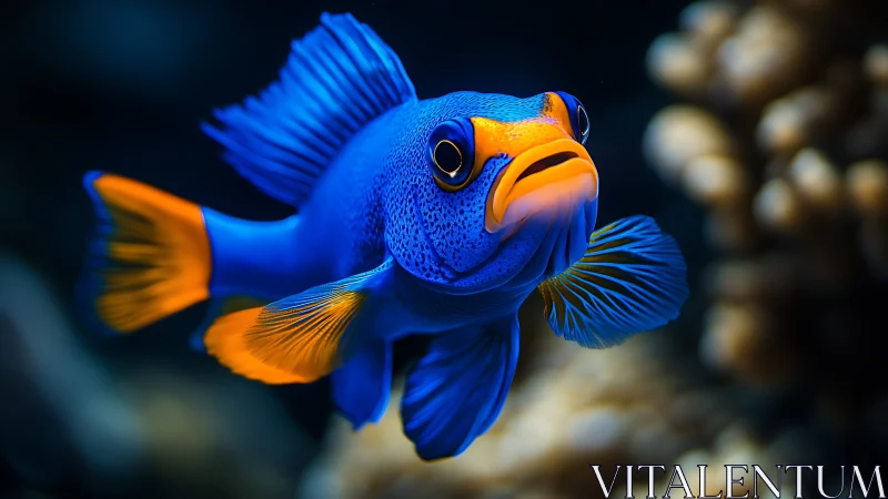 Blue and orange tropical fish swims in sharp underwater focus