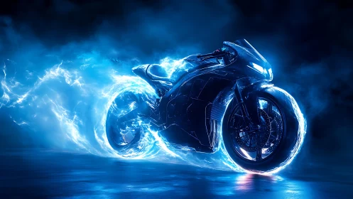 Electric blue superbike racing through glowing night storm.