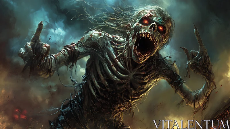 Undead demon scream under stormlit sky in dark wasteland.