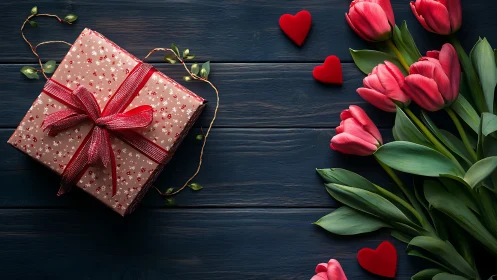 Gift box and tulip chorus rehearsing a quiet romance.