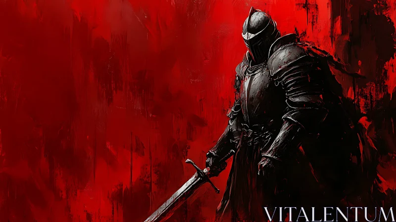 Black knight grips bloodied sword against scarlet void.