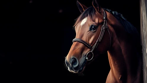 Equine portrait under low key illumination with tack detail.