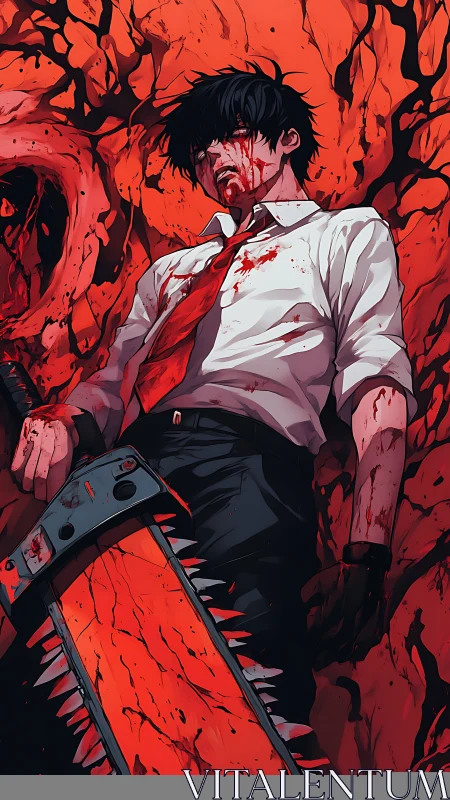 Blood-soaked suited fighter lies with chainsaw amid visceral mass