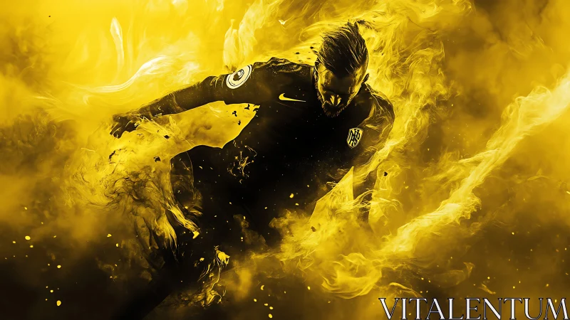 Fiery soccer player bursts through swirling golden smoke storm