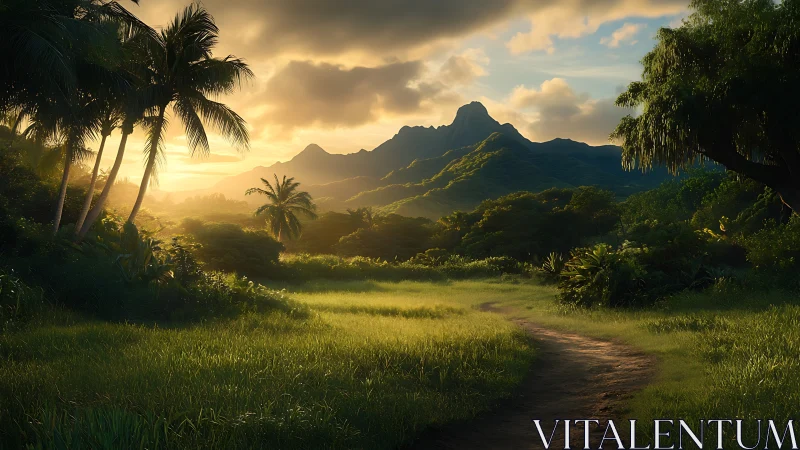 Sunlit tropical valley path curves toward misty mountains.