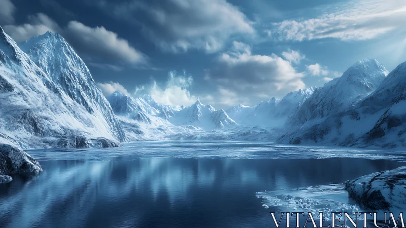 Hyperreal glacial fjord panorama with reflective icewater basin