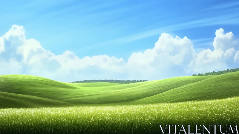 Soft green hills roll under bright clouds and a wide blue sky
