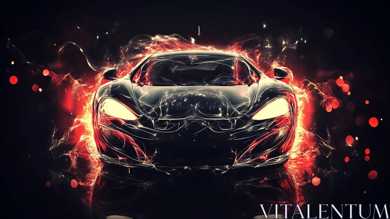 Flame-wreathed supercar slices through liquid neon night