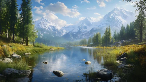 Alpine lake reflects snowcapped peaks in high-resolution digital light