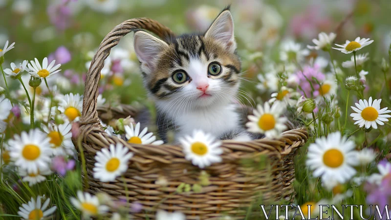 Tabby Kitten in Wicker Basket Surrounded by Daisies.