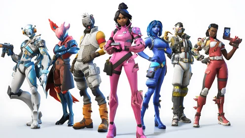 Color-charged squad of futuristic heroes ready for battle.