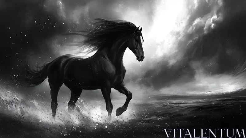 Dynamic black stallion rendered in high contrast monochrome motion