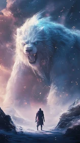 Giant spectral ice bear towers over lone cloaked warrior.
