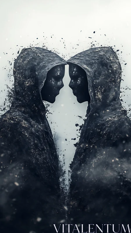 Shrouded twin figures dissolve as they confront each other