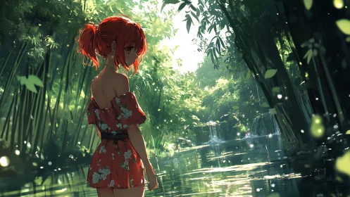 Red-haired girl studies glowing forest river at dusk.