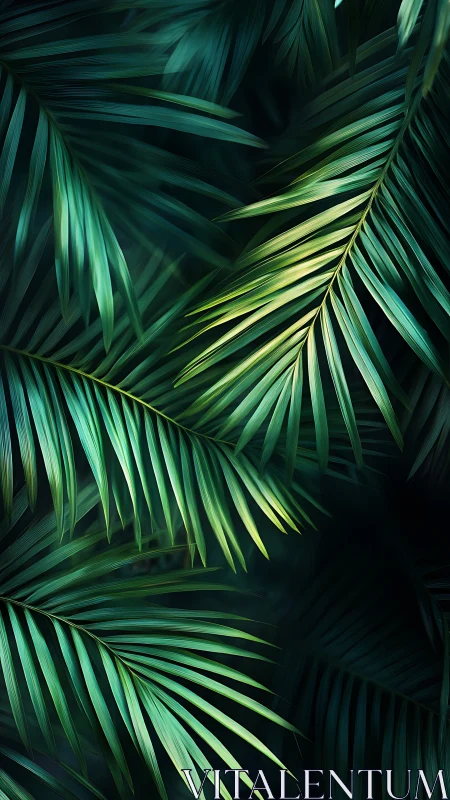 Overlapping palm fronds form layered diagonal leaf structure