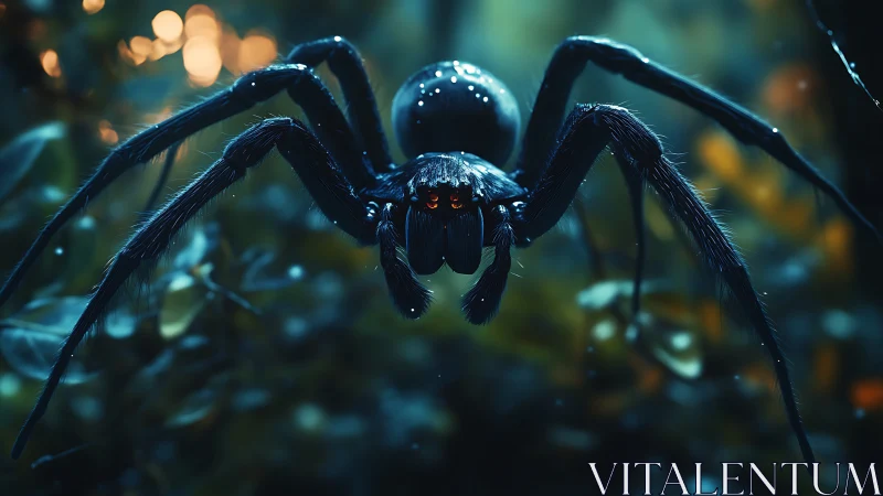 Glistening forest spider poised under eerie blue light.