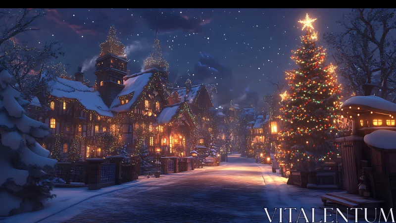 Snowy village street with glowing Christmas tree at night.