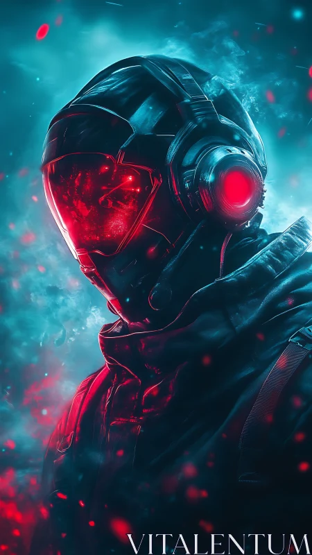 Neon dusk swallows a cyber soldier in burning red glass