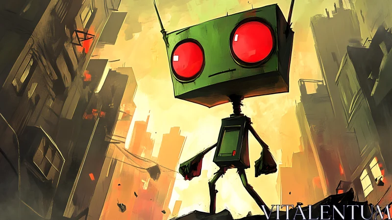 Small green robot outstares a collapsing neon apocalypse