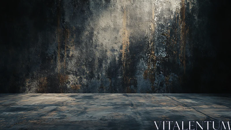 Rust-streaked concrete wall with empty grunge floor backdrop.