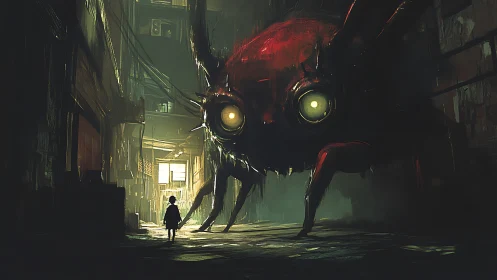 Child confronts colossal red insectoid in neon alleyway.