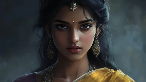 Moonlit-eyed princess in gold silk and jeweled hush.