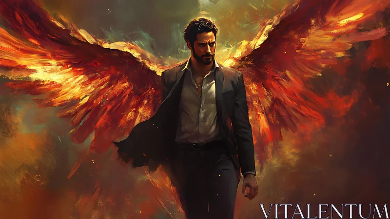 Winged businessman strides through infernal chromatic firestorm