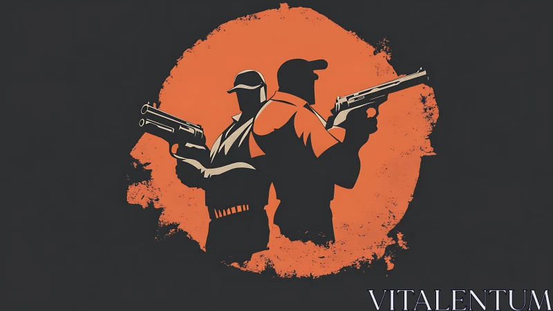 Back-to-back gunners silhouette on distressed orange circle.