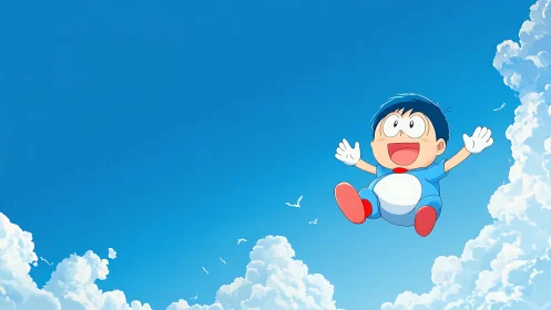 Cartoon boy in blue outfit floating in bright open sky.