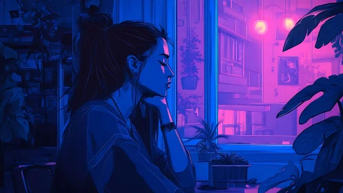 Contemplative woman in neon-lit room rendered in duotone hues