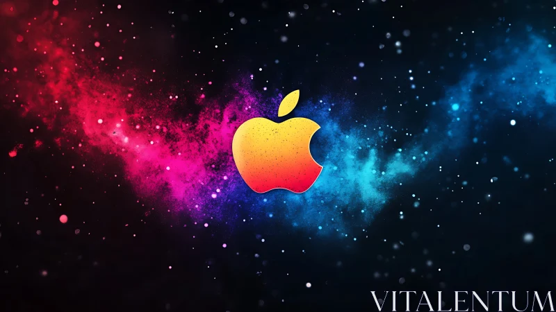 Gradient apple emblem over neon cosmic galaxy field.