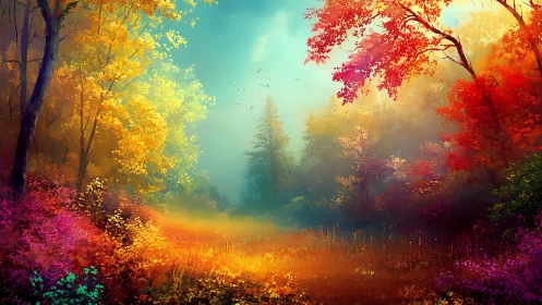 Autumn Forest Path with Radiant Light.