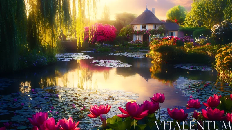 Sunlit cottage reflects over a tranquil lily pond at sunset