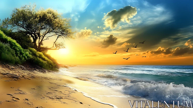 Golden sunset over vivid beach shoreline with waves.