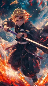 Blazing swordsman charges through swirling firestorm sky.
